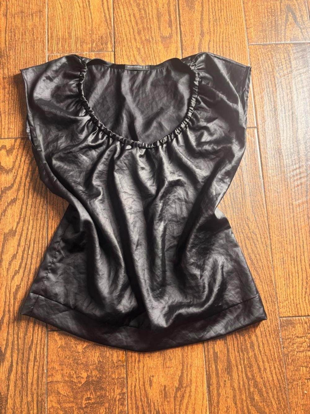 Satin Black Cap-Sleeve Blouse with Ruffle Scoop Neck